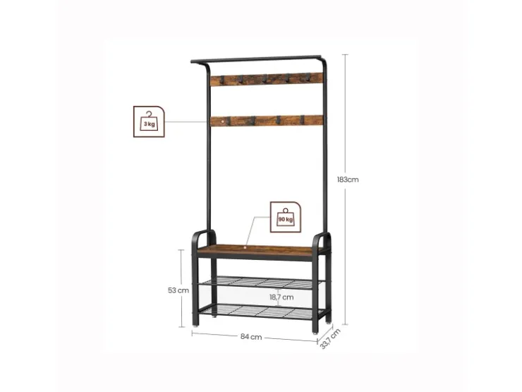 Vasagle Garderobenständer 84 cm x 183 cm x 33,7 cm Braun-Schwarz* Regale Schwarz|Sitzbänke