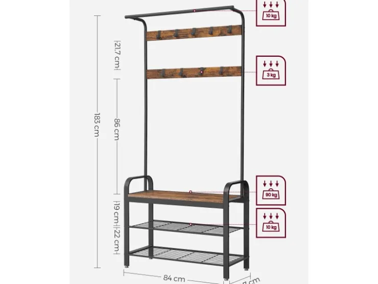 Vasagle Garderobenständer 84 cm x 183 cm x 33,7 cm Braun-Schwarz* Regale Schwarz|Sitzbänke