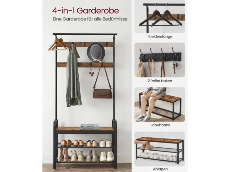 Vasagle Garderobenständer 84 cm x 183 cm x 33,7 cm Braun-Schwarz* Regale Schwarz|Sitzbänke