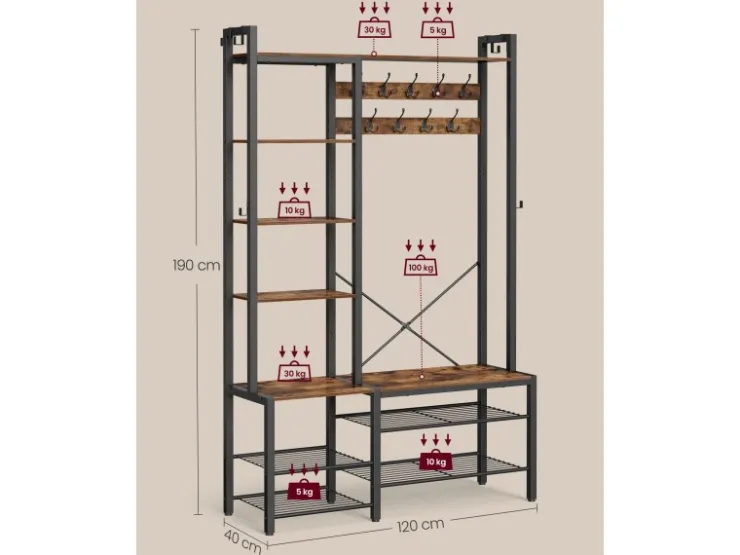 Vasagle Garderobenständer mit Stauraum 40 cm x 120 cm x 190 cm Braun-Schwarz* Sitzbänke
