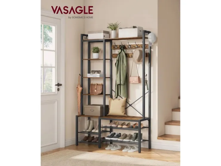 Vasagle Garderobenständer mit Stauraum 40 cm x 120 cm x 190 cm Braun-Schwarz* Sitzbänke