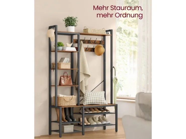 Vasagle Garderobenständer mit Stauraum 40 cm x 120 cm x 190 cm Braun-Schwarz* Sitzbänke