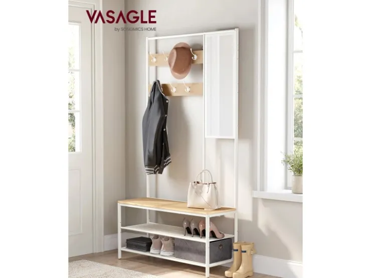 Vasagle Garderobenständer Modern 35 cm x 98 cm x 180 cm Eiche-Weiß* Sitzbänke