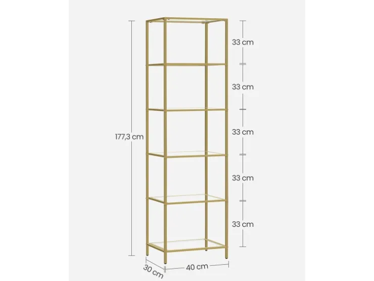 Vasagle Glasregal 6 Ablagen 30 cm x 40 cm x 177,3 cm Gold