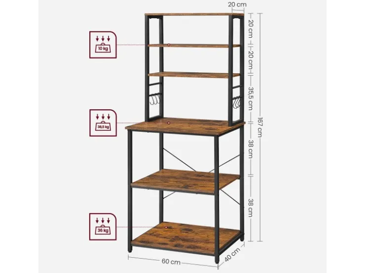 Vasagle Küchenregal 40 cm x 60 cm x 167 cm Braun-Schwarz* Regale Schwarz