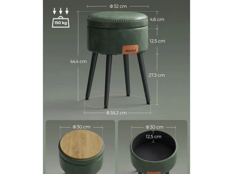 Vasagle Sitzhocker mit Stauraum Ø 32 cm x 44 cm Waldgrün* Hocker