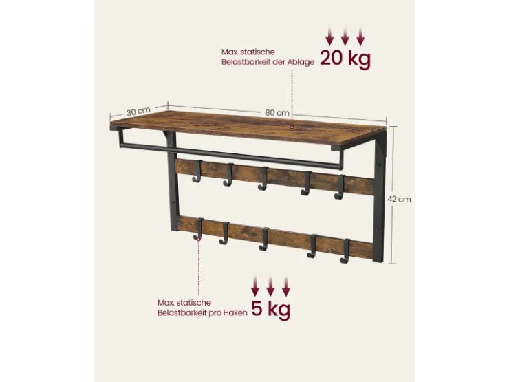 Vasagle Wandgarderobe mit Ablage 30 cm x 80 cm x 42 cm Braun-Schwarz* Regale Schwarz