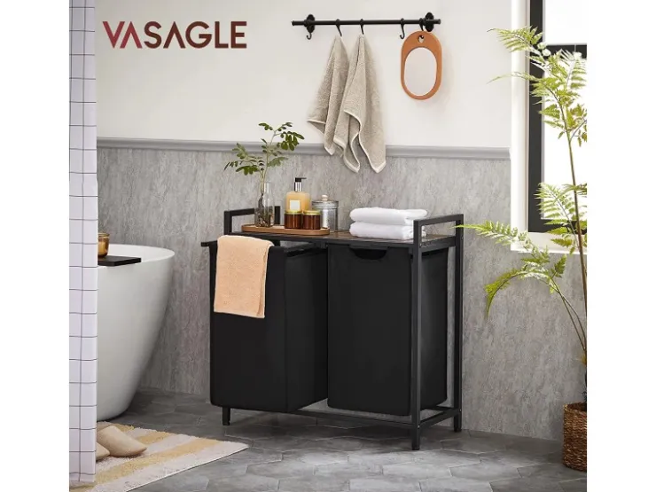 Vasagle Wäschekorb 2 Fächer 33 cm x 73 cm x 72 cm Braun-Schwarz 92 l* Bettwäsche