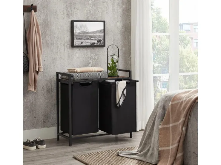 Vasagle Wäschekorb 2 Fächer 33 cm x 73 cm x 72 cm Braun-Schwarz 92 l* Bettwäsche