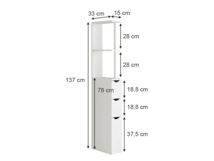 Vicco Badschrank Vera Weiß 137 x 15 cm mit 3 Schubladen* Regal Weiß