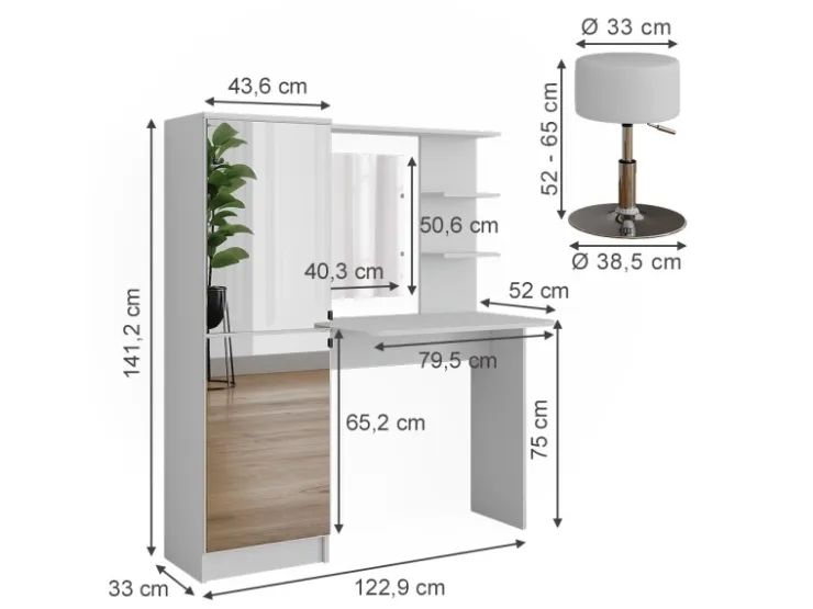 Vicco Frisiertisch Jasmin Weiß 123 x 141.2 cm mit Hocker