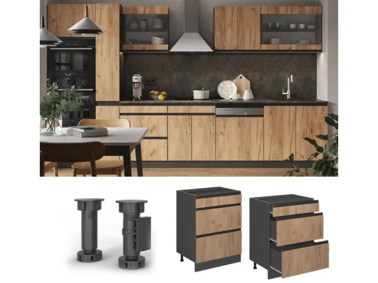 Vicco Küchenunterschrank R-Line Goldkraft /Anthrazit 60 cm J-Shape mit Schubladen ohne Arbeitsplatte* Schränke