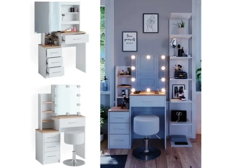 Vicco Schminktisch Conrada Weiß/Sonoma/Sonoma 36 cm mit LED Beleuchtung und Hocker* Hocker
