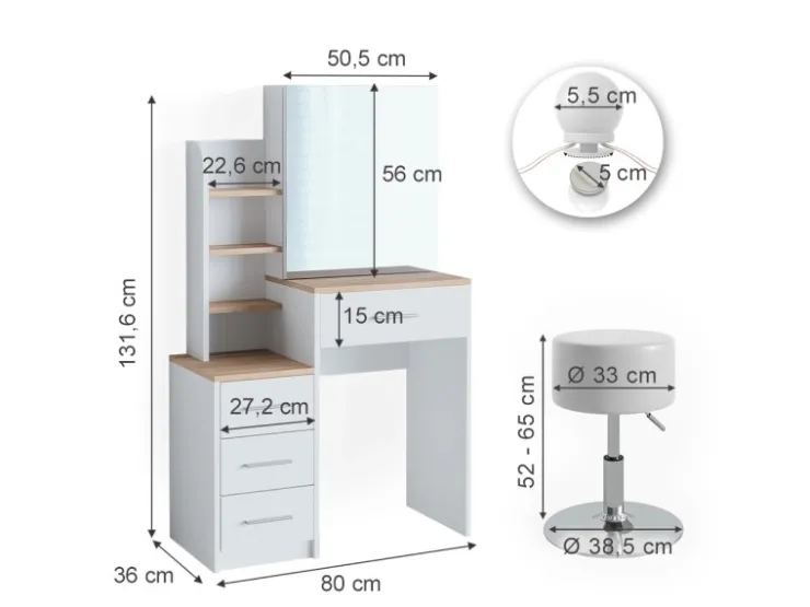 Vicco Schminktisch Conrada Weiß/Sonoma/Sonoma 36 cm mit LED Beleuchtung und Hocker* Hocker