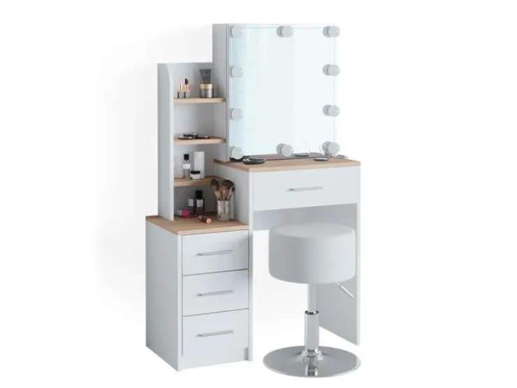 Vicco Schminktisch Conrada Weiß/Sonoma/Sonoma 36 cm mit LED Beleuchtung und Hocker* Hocker