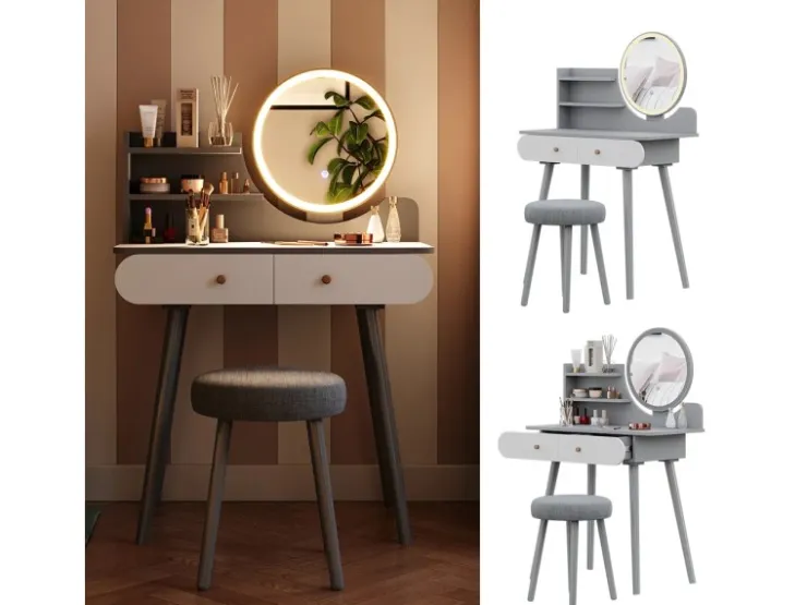 Vicco Schminktisch Edda 80 cm mit LED Beleuchtung und Hocker