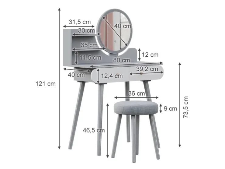 Vicco Schminktisch Edda 80 cm mit LED Beleuchtung und Hocker