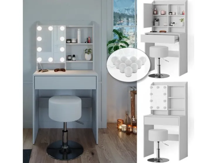 Vicco Schminktisch Laura Weiß 70 cm mit LED Beleuchtung und Hocker* Hocker