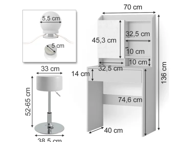 Vicco Schminktisch Laura Weiß 70 cm mit LED Beleuchtung und Hocker* Hocker