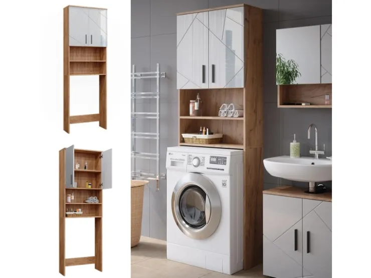 Vicco Waschmaschinenschrank Irma Weiß Hochglanz/Goldkraft Eiche 64 x 191 cm* Regal Weiß