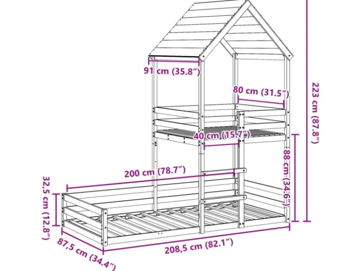 vidaXL Etagenbett mit Dach 80x200 cm Massivholz Kiefer2012220* Betten|Leitern