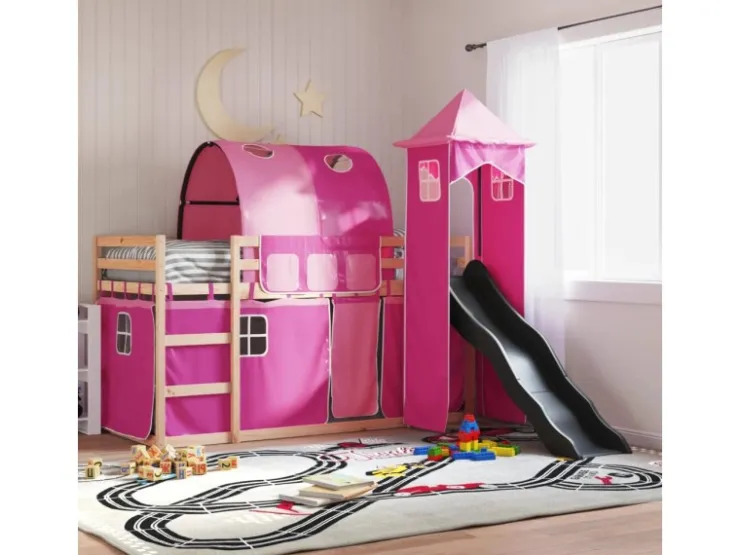 vidaXL Etagenbett mit Rutsche und Gardinen Rosa 80x200 cm2101526