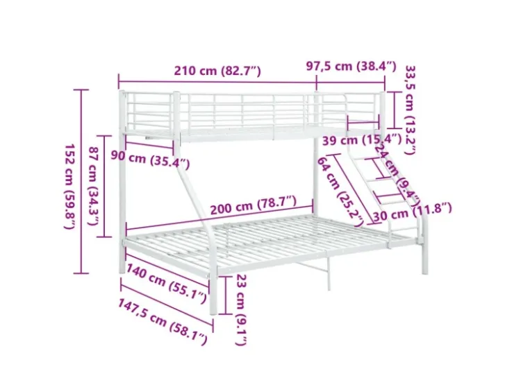 vidaXL Etagenbettgestell Weiß Metall 140x200 cm/90x200 cm621523* Leitern