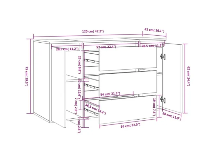 vidaXL Sideboard 3 Schubladen Hochglanz-Weiß 120x41x75cm Holzwerkstoff 809617