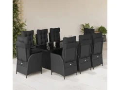 vidaXL 9-tlg Garten-Essgruppe mit Kissen Schwarz Poly Rattan Modell 98* Kissenbezüge