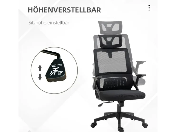 Vinsetto Bürostuhl mit Wippfunktion Mesh Schwarz 58L x 61B x 102-119H cm