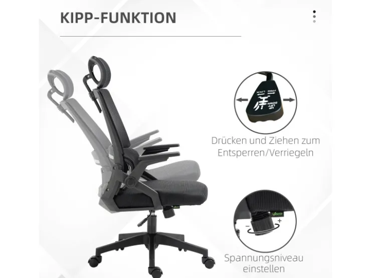 Vinsetto Bürostuhl mit Wippfunktion Mesh Schwarz 58L x 61B x 102-119H cm