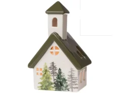 Weihnachts-Deko Windlicht Kirche 17 cm Weiß-Grün* Kerzenhalter